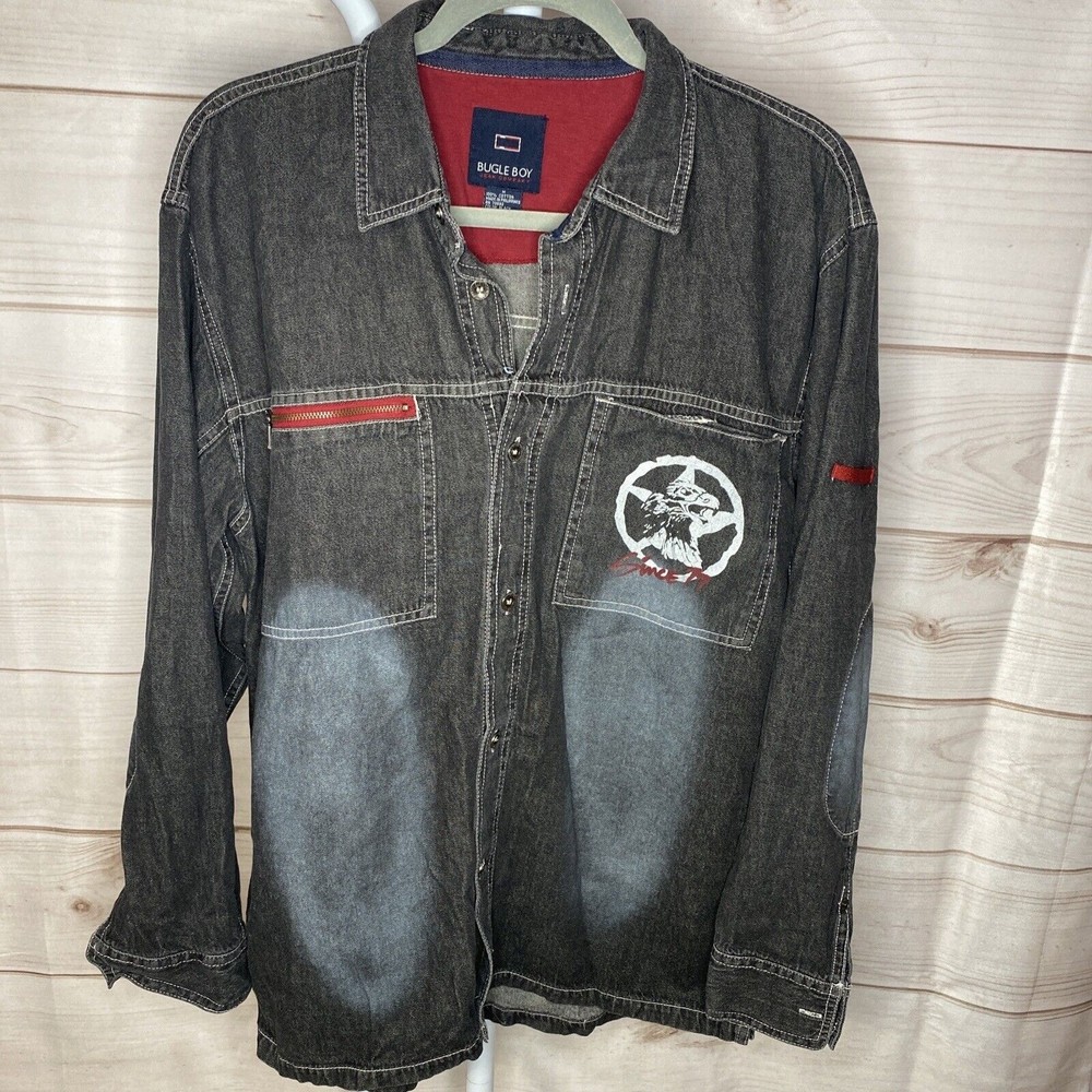 Vintage‎ 90s Bugle Boy Medium Black Faded Denim Jean Button Up Collar Shirt